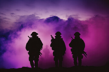 Fototapeta premium AI generated silhouettes of army soldiers attacking in smoke against sunset marines team in action