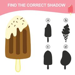 Educational game worksheet for children find the correct shadow silhouette of kawaii cartoon ice creams. Printable worksheet with vector illustrations format. 
