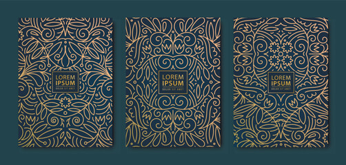 Vector swirl leaves patterns. Floral golden elements template in vintage style. Luxury black line covers, flyers, brochures, packaging design, social media post, banners