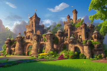 Illustration of a majestic castle rampart with trees and lush forest. beautiful fantasy world. Generative AI