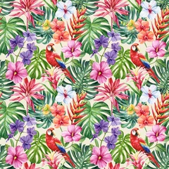 Selbstklebende Fototapeten Tropical background with exotic palm leaves, flowers, bird. Bright background, jungle plants. seamless floral pattern © Hanna