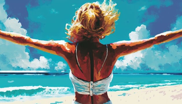 Charming woman opening her arms in the beach. Relax and vacations concept. Generative AI