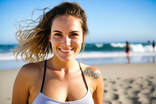 Charming young happy woman at the beach looking at camera. Holidays concept. Generative AI