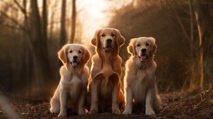 Three dogs in the golden forest. Cute Golden Retriever in nature.