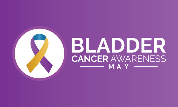 Bladder Cancer Awareness Calligraphy Poster Design. Purple Ribbon and Realistic Marigold And Blue vector.