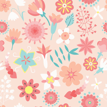 Garden flower, botanical, seamless pattern vector design for fashion, fabric, kids,  wallpaper, and all prints on the pink background color. Cute pattern in small flower. Small spring, colorful flower