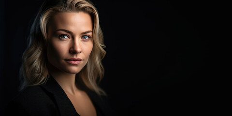 Fototapeta premium Portrait d'une belle jeune femme blonde au yeux clair, cheveux longs sur fond sombre avec espace pour du texte sur le côté, type bannière - Générer par IA
