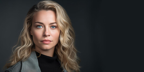 Fototapeta premium Portrait d'une belle jeune femme blonde au yeux clair, cheveux longs sur fond sombre avec espace pour du texte sur le côté, type bannière - Générer par IA