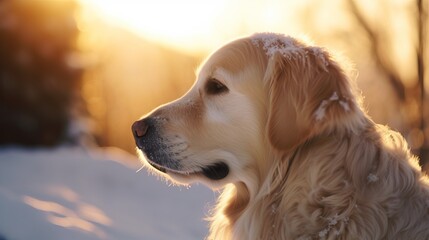 Beautiful golden retriever adult dog in a winter outdoor sunlit, countryside setting.