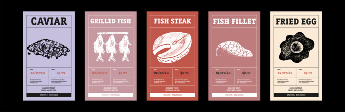 Modern typography banner, hand drawn steak. Meat, caviar, grilled fish, fish steak, fillet, fried eggs. abstract vector packaging labels design set. Color paper background layouts collection Isolated.