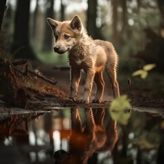 Cute puppy dog standing in front of a forest puddle.Made with Generative AI.