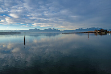 view over Chiemsee lake with the alps at the horizon