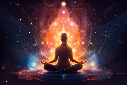 Eine Person in einer meditativen Pose auf einer Yoga-Matte mit geschlossenen Augen und symbolischen Elementen im Hintergrund, was die Verbindung von Yoga und Esoterik darstellt. (Generative AI)