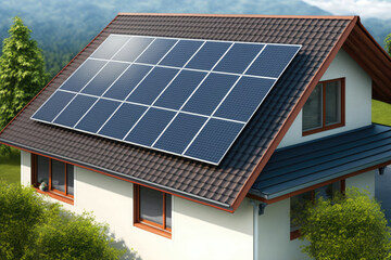 Solar panels on roof of house at architectural background AI generated