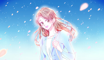 輝く女性のイメージ　ビジネスパーソン　桜吹雪