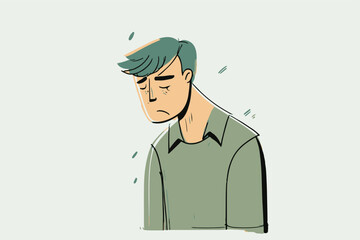 Young man being unhappy. Sad feelings. Unhappy boy. Vector illustration of depressed person. Negative emotions. Stressed out businessman. Angry and upset character crying. Illustration of sadness.