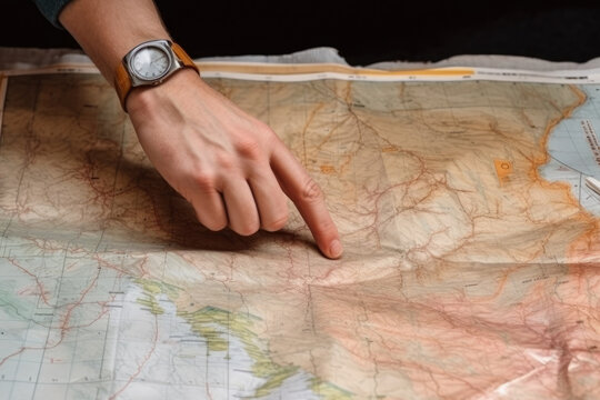Close up hand of young man planning on world maps for traveling.