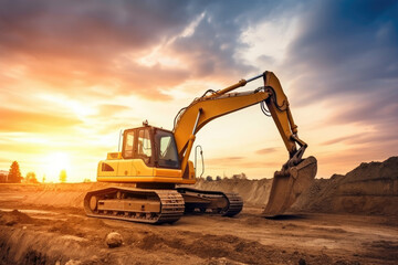 Yellow crawler excavator digging dirt with beautiful sunset, generative ai.
