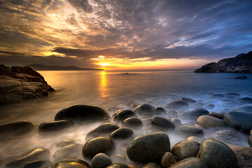 Egg stone beach in Quy Nhon. Long time exposure of sea and stones, beautiful sunrise in Quy Nhon...