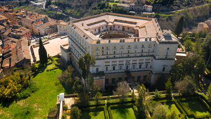Aerial view of Villa Farnese and its gardens located in Caprarola, near Viterbo, Italy. It is a...