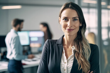 Business Frau in Büro schaut selbstsicher und lächelnd in die Kamera - Thema Karriere, Erfolg und Business - Generative AI - obrazy, fototapety, plakaty