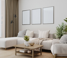 Scandinavian living room with wall and poster frame mock up.3d rendering