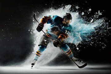Fototapeta na wymiar Generative AI illustration of hockey player in uniform with stick during match against snow and ice on black background