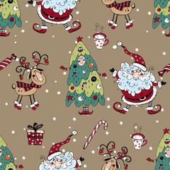 Christmas seamless pattern with Santa Claus, snowman and Christmas tree. Doodle style. Vector.