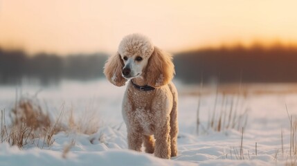 White poodle dog outdoors on a golden autumn backdrop of warm sunlight.
