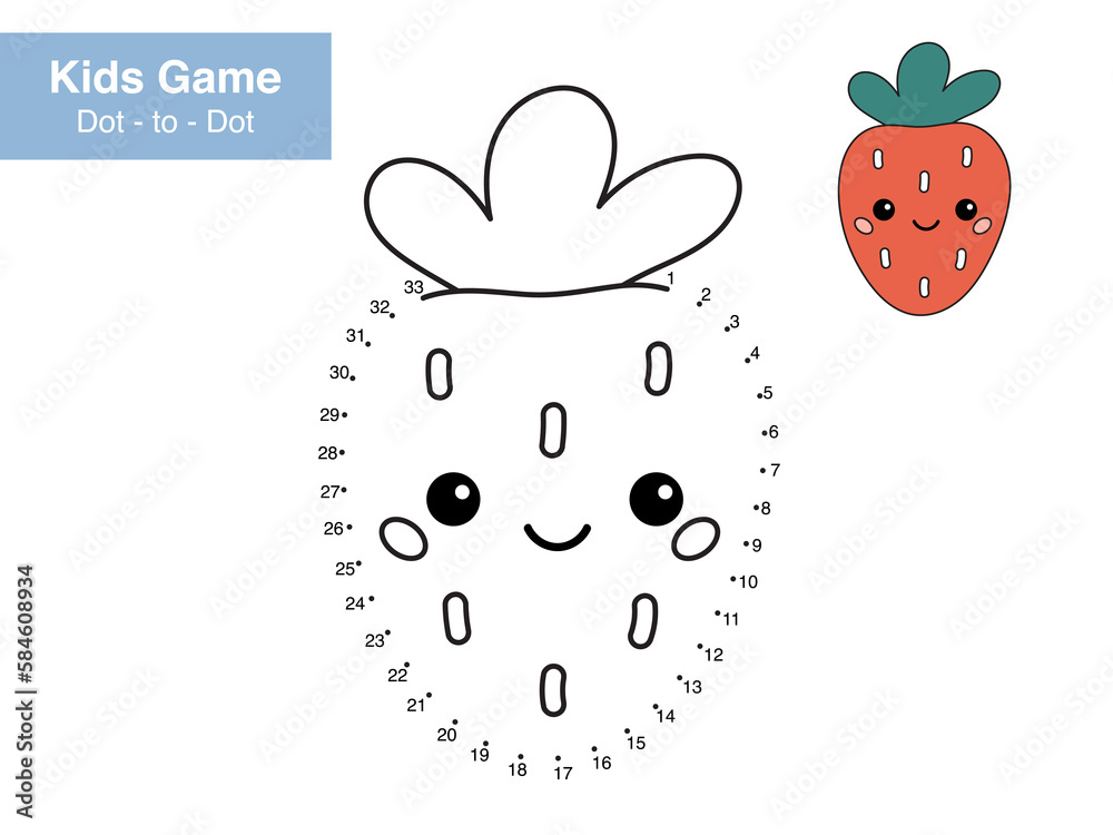 Wall mural number puzzle game. dot to dot. cute kawaii strawberry. healthy food. cartoon berry. educational wor