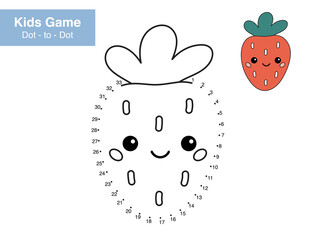 Number puzzle game. Dot to dot. Cute kawaii strawberry. Healthy food. Cartoon berry. Educational worksheet. Printable activity page for kids. Connect the dots and color. Vector illustration.