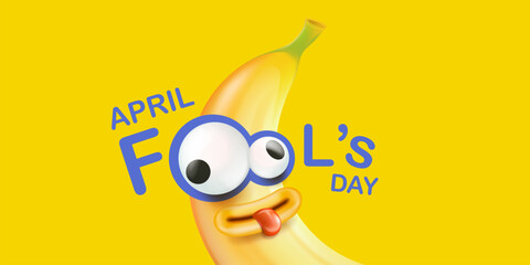 April Fools day funky horizontal banner with silly orange banana character isolated on yellow background. 1 st april fool day banner, poster, label, flyer and greeting card - obrazy, fototapety, plakaty