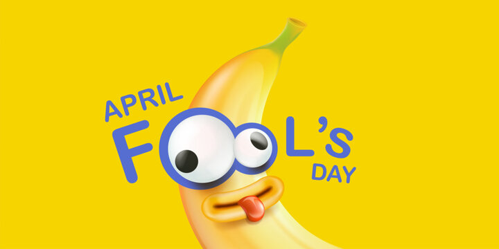 April Fools day funky horizontal banner with silly orange banana character isolated on yellow background. 1 st april fool day banner, poster, label, flyer and greeting card