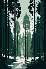 Winter forest. Vertical panorama of the winter forest. Green eco forest. Vertical vector illustration.