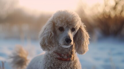 White poodle dog outdoors on a golden autumn backdrop of warm sunlight.