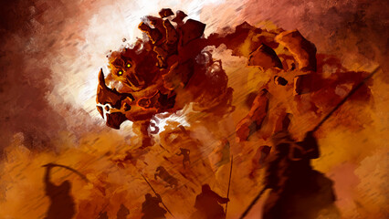 The evil spirit of the desert in anger attacks the army of desert warriors creating a sandstorm around. 2d illustration