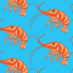 Shellfishes prawn seamless pattern on turn blue background