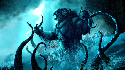 Terrible sea monster - kraken roars in the middle of a stormy ocean against the background of lightning and the night sky. 2d illustration