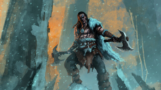 A brave viking warrior with two axes with a skin on his shoulders stands on a rock covered with snow in winter. 2d illustration