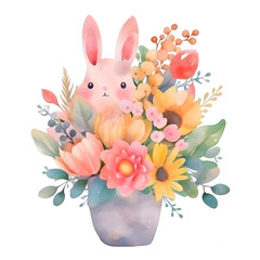 An easter bunny hiding in a basket of flower.Funny easter rabbit with flowers.Generative AI