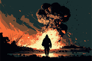 Silhouette of soldier on battlefield. Warzone. Military man on desolated area. Vector illustration of explosion and destruction. Modern war, burning landscape. Black smoke. Apocalypse. Infantry troops
