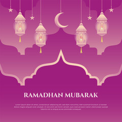 Fototapeta na wymiar ramadhan mubarak greeting with gradient peach pink lantern and purple color background decoration