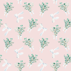 Seamless watercolor pattern with eucalyptus and gypsophila bouquets, white lace bows on pink background. Can be used for wedding prints, gift wrapping paper, kitchen textile and fabric prints.