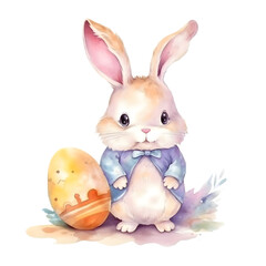 Watercolor painting of a rabbit next to an easter egg. Easter themed illustration of a cure bunny and egg. Generative AI