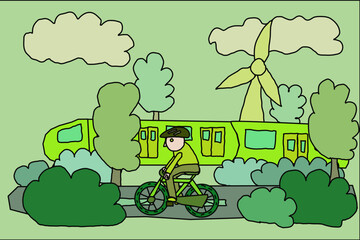 A cartoon character dressed in green cycling on a road with a green train passing him by and a modern windmill in the background