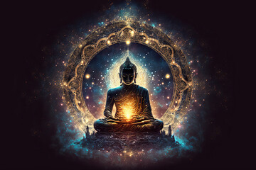 Generative AI illustration of Buddha wearing traditional clothes meditating in lotus pose with magic light glowing in hands against ornamental circle on black background - obrazy, fototapety, plakaty
