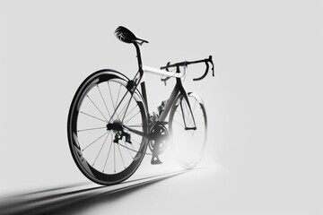 Fototapeta na wymiar Generative AI image of dark silver bicycle parked on shining white background with bright light and shadow effect