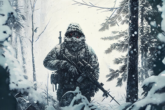 Generative AI illustration of sniper in snowy woods