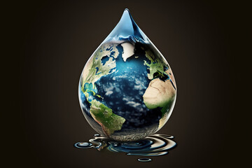 Water drop with planet Earth inside falling on blue sea background, Earth day, World water day concept