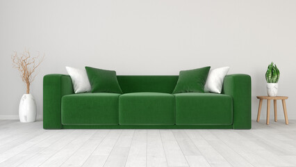 Living room interior mockup with green sofa, white wooden floor and green plant in the pot. 3D 